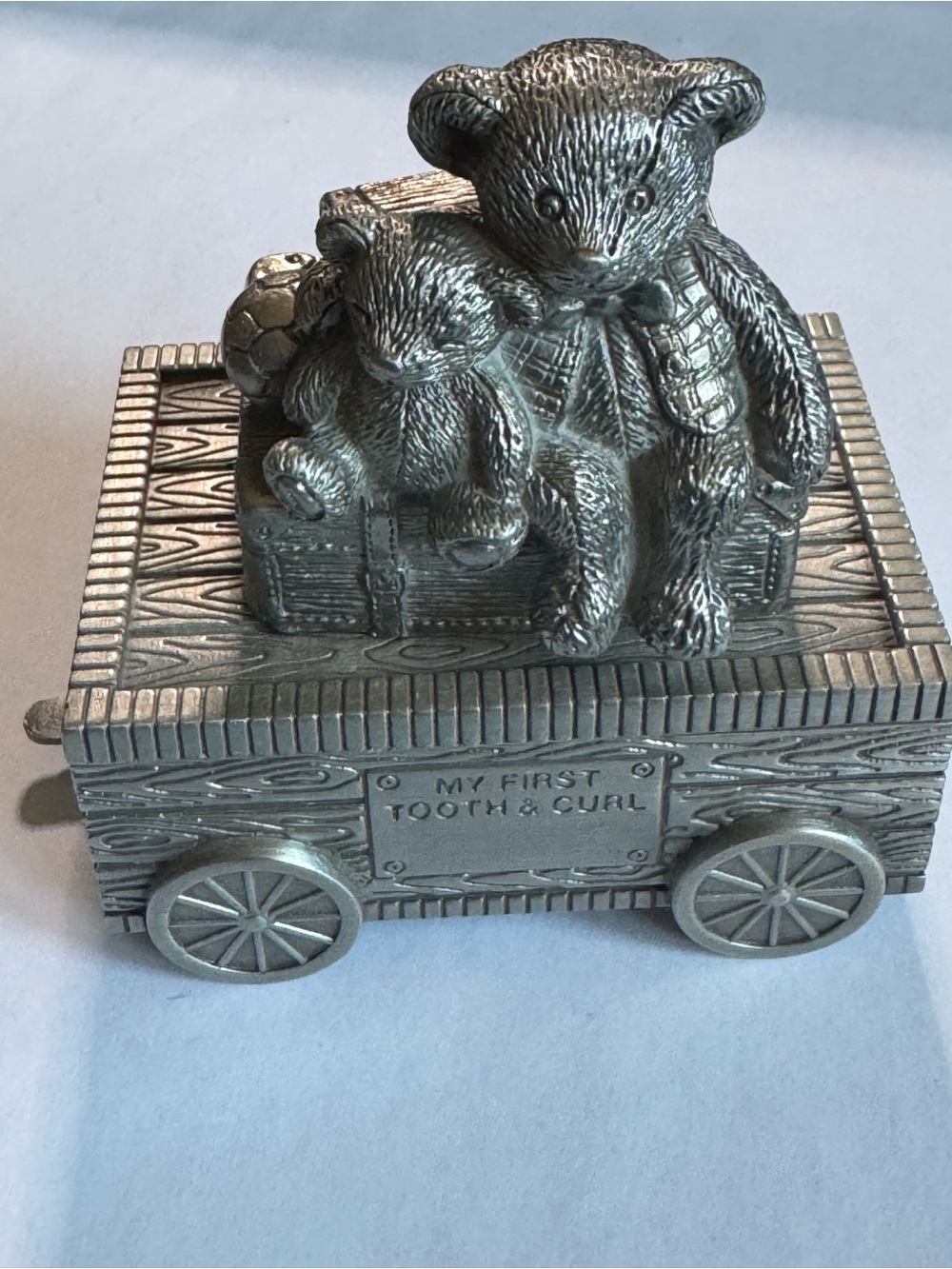 Vintage pewter tone teddy bear "My First Tooth & Curl" keepsake box